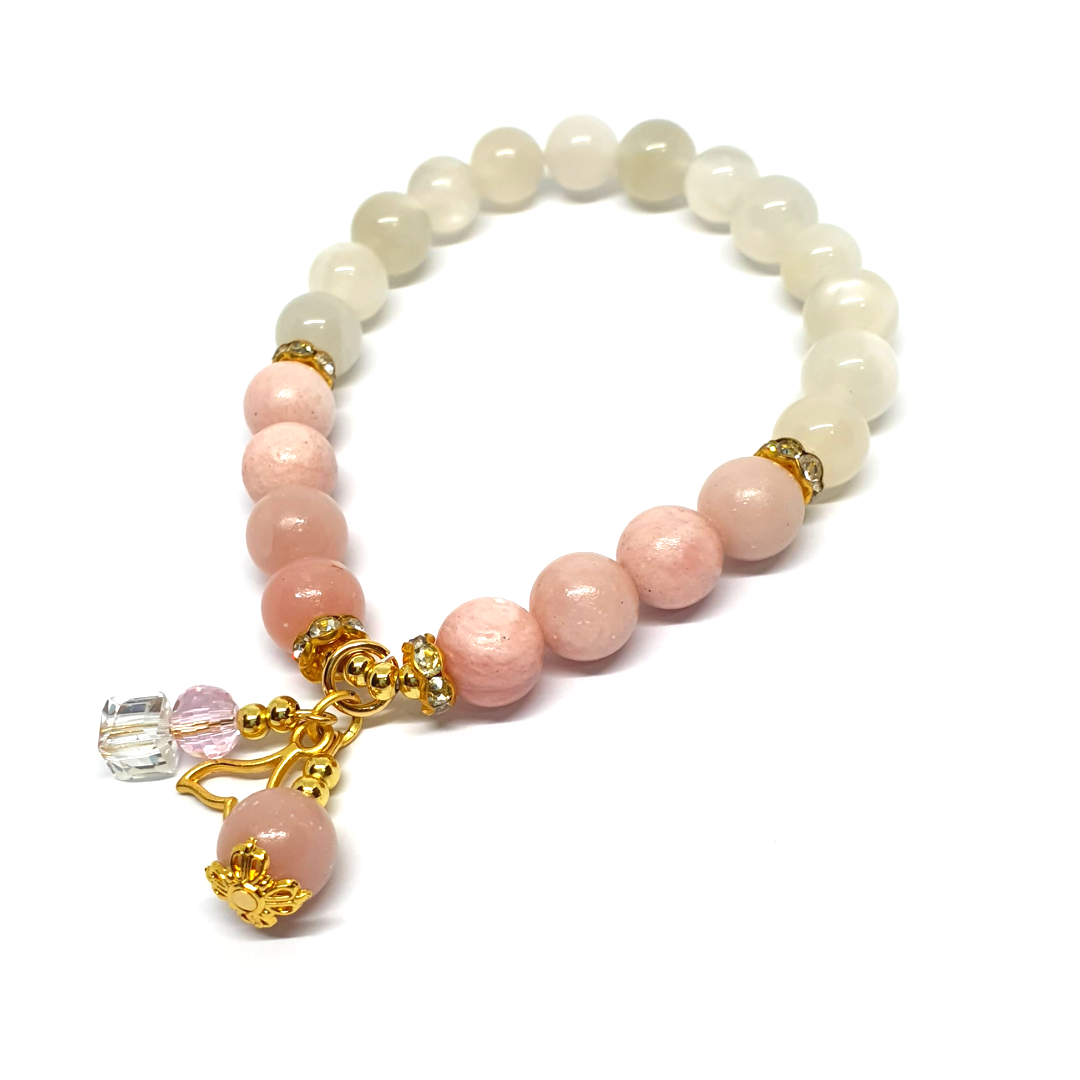 High quality Pink opal and White Moonstone with mermaid's tail charm