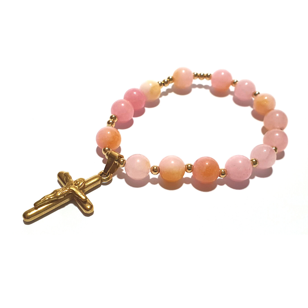 8mm Chalcedony Rosary bracelet in 10K spacers and stainless Cross - Gems & stones ph