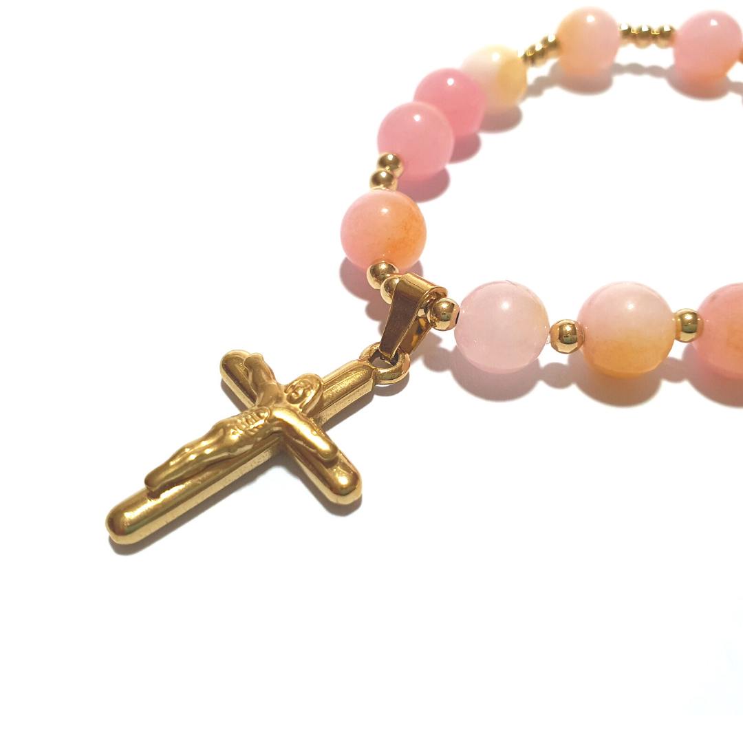 8mm Chalcedony Rosary bracelet in 10K spacers and stainless Cross - Gems & stones ph