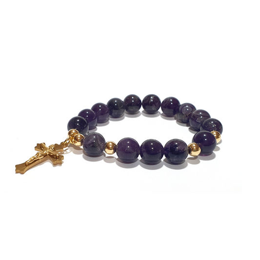10mm Amethyst Rosary bracelet in 10K spacers and stainless Cross - Gems & stones ph