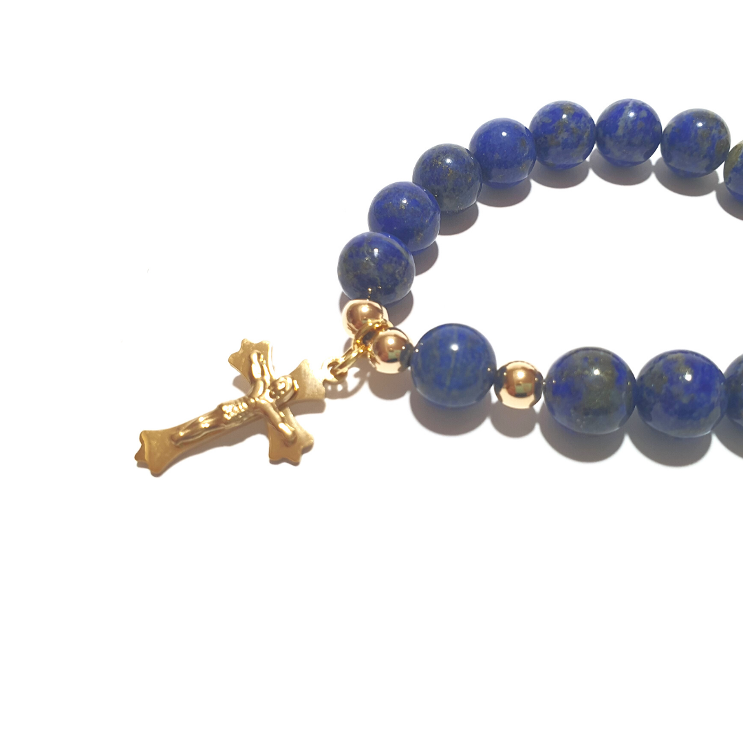 Lapis Lazuli rosary bracelet in 10K spacers and stainless Cross - Gems & stones ph