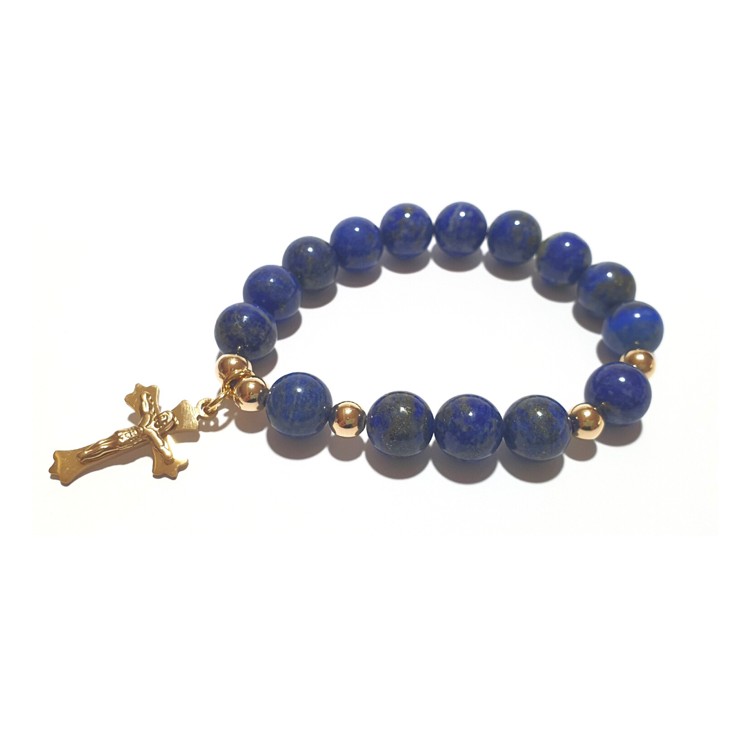 Lapis Lazuli rosary bracelet in 10K spacers and stainless Cross - Gems & stones ph