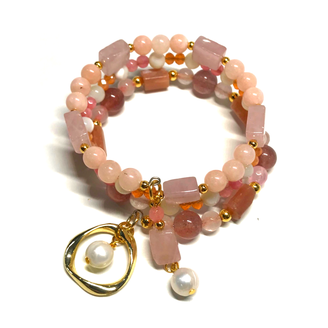 Sunstone, Strawberry Quartz, Rose Quartz, Chalcedony Rolled Bracelet