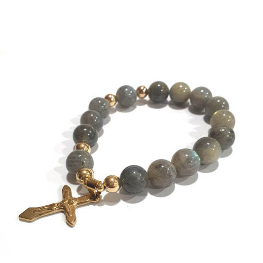 Labradorite Rosary in 10K spacers with Stainless Cross