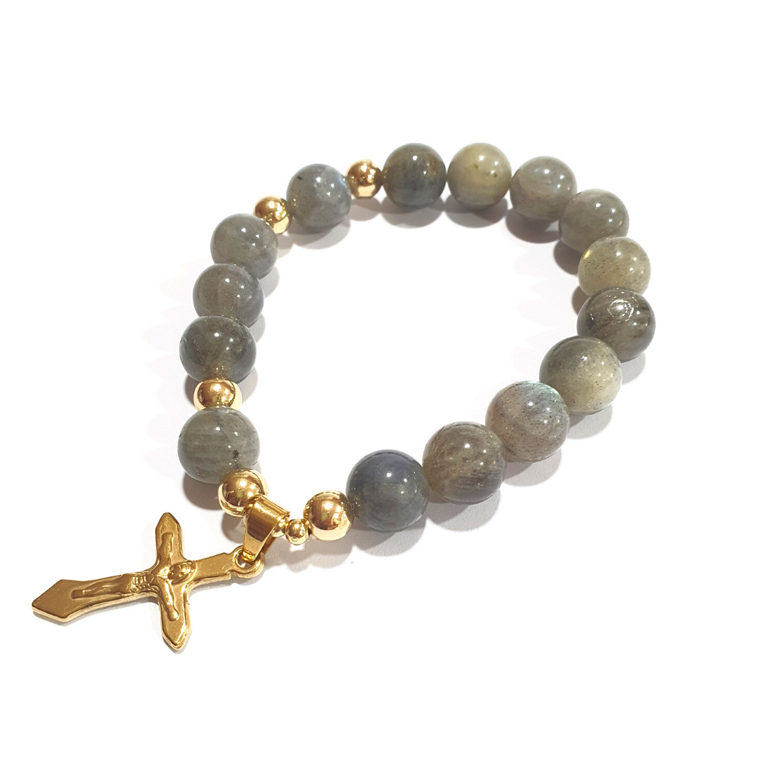 Labradorite Rosary in 10K spacers with Stainless Cross