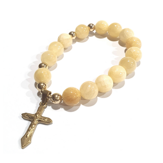 Calcite Rosary in 10K spacers with Stainless Cross