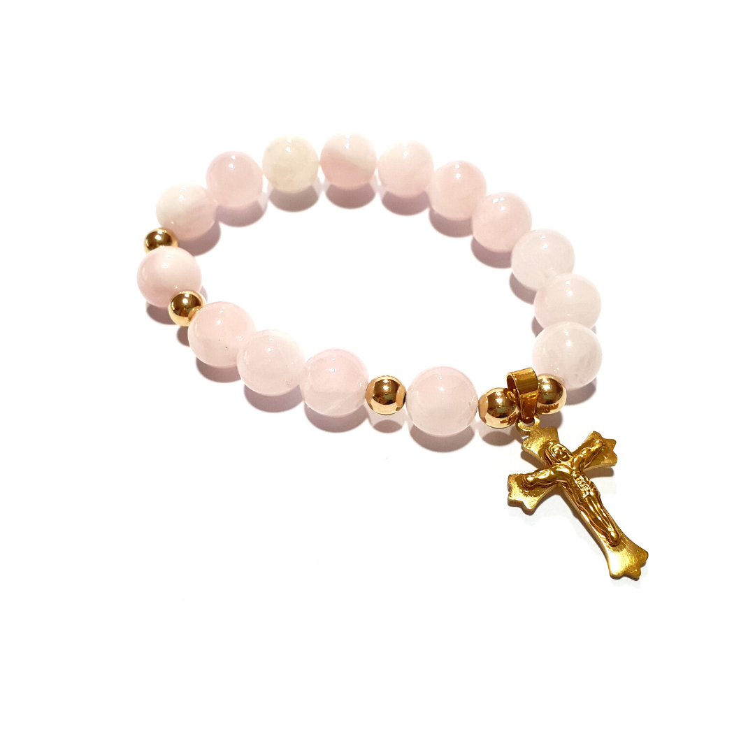 Rose Quartz rosary bracelet in 10K spacers and stainless Cross - Gems & stones ph