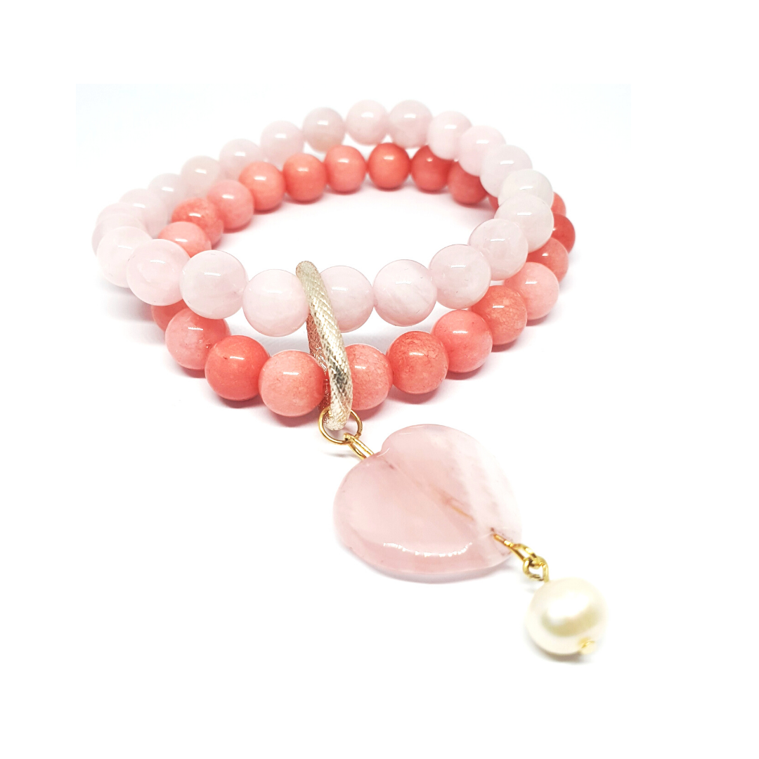 rose quartz and pink chalcedony double layer combination bracelet - Gems & stones ph
