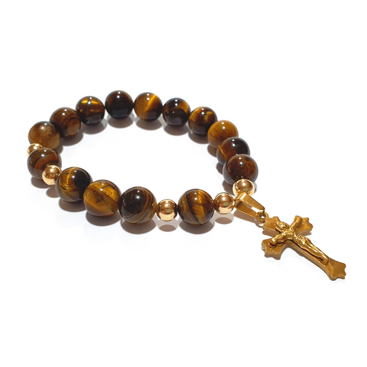 Tiger Eye Rosary bracelet in 10K spacers and stainless Cross - Gems & stones ph