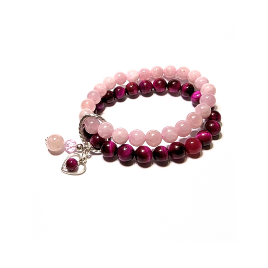 Magenta Tiger Eye and Rose Quartz Double Layer with Heart Charm