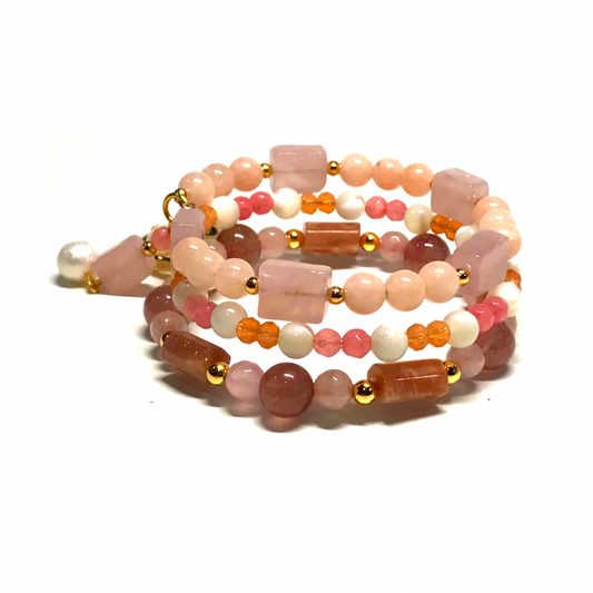 Sunstone, Strawberry Quartz, Rose Quartz, Chalcedony Rolled Bracelet