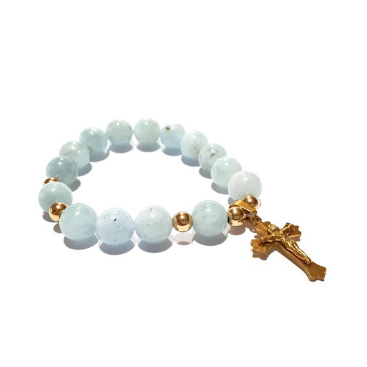 Aquamarine Rosary bracelet in 10K spacers and stainless Cross - Gems & stones ph