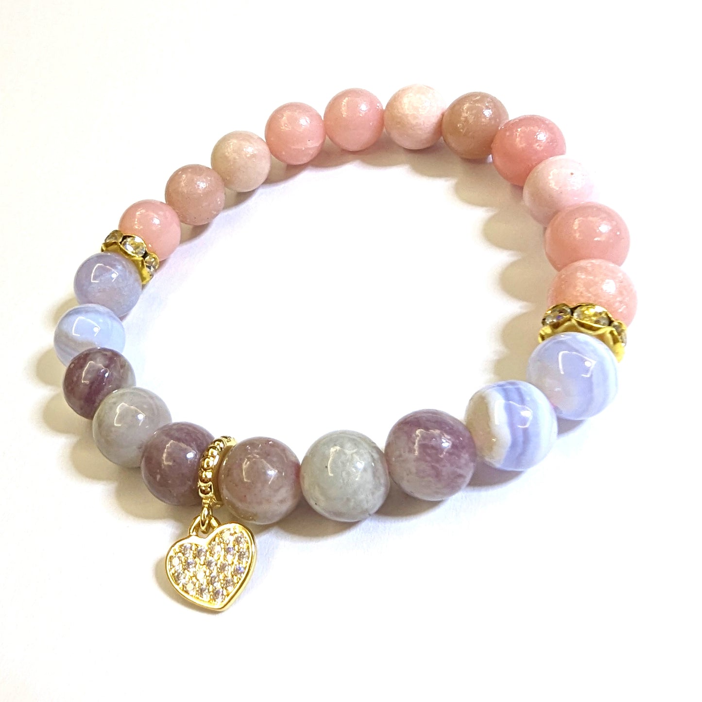 Pink Opal, Blue Lace, and Sakura Tourmaline with Heart Charm