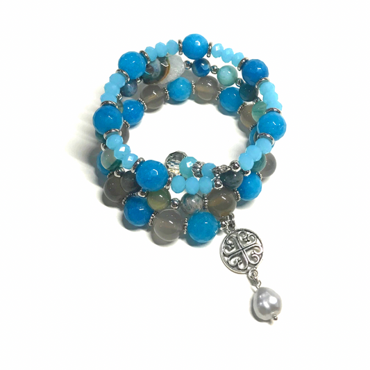 Blue and Grey Agate, Apatite Rolled Bracelet