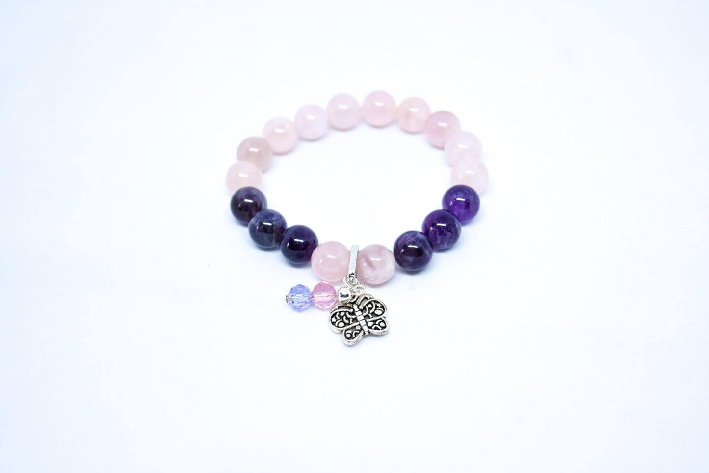 rose quartz and amethyst with butterfly accent gemstone bracelet - Gems & stones ph