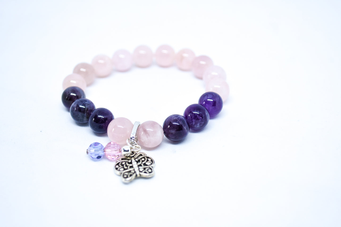 rose quartz and amethyst with butterfly accent gemstone bracelet - Gems & stones ph