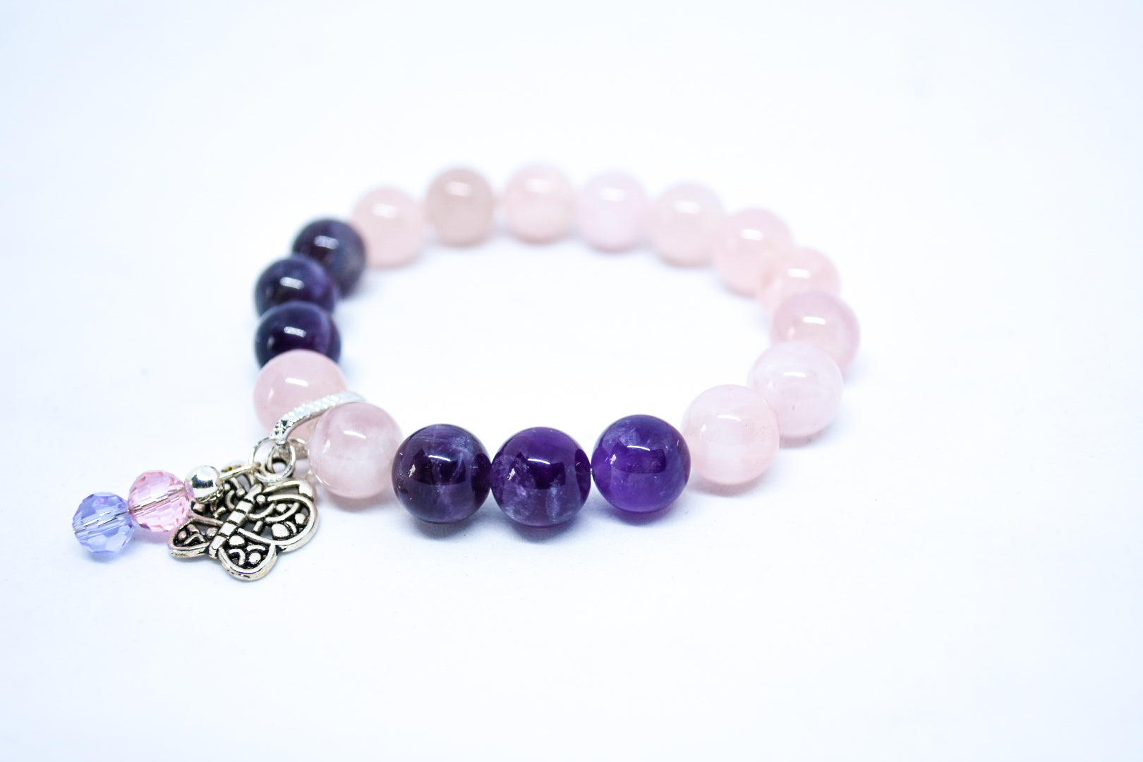 rose quartz and amethyst with butterfly accent gemstone bracelet - Gems & stones ph