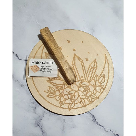 palo santo and wooden crystal plate