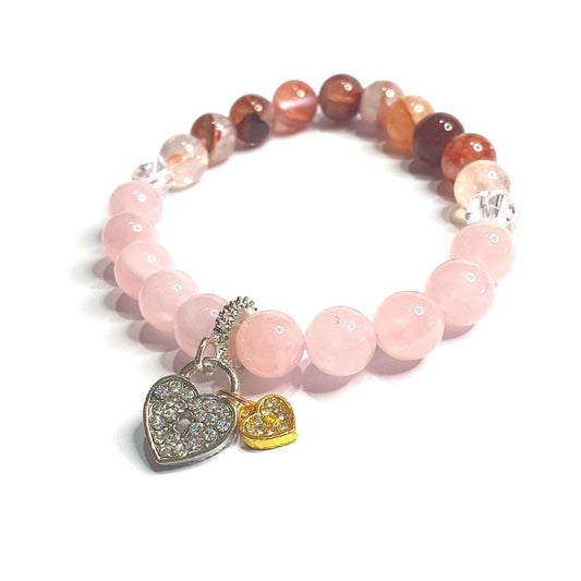 self love fire quartz and rose quartz with double heart gemstone bracelet