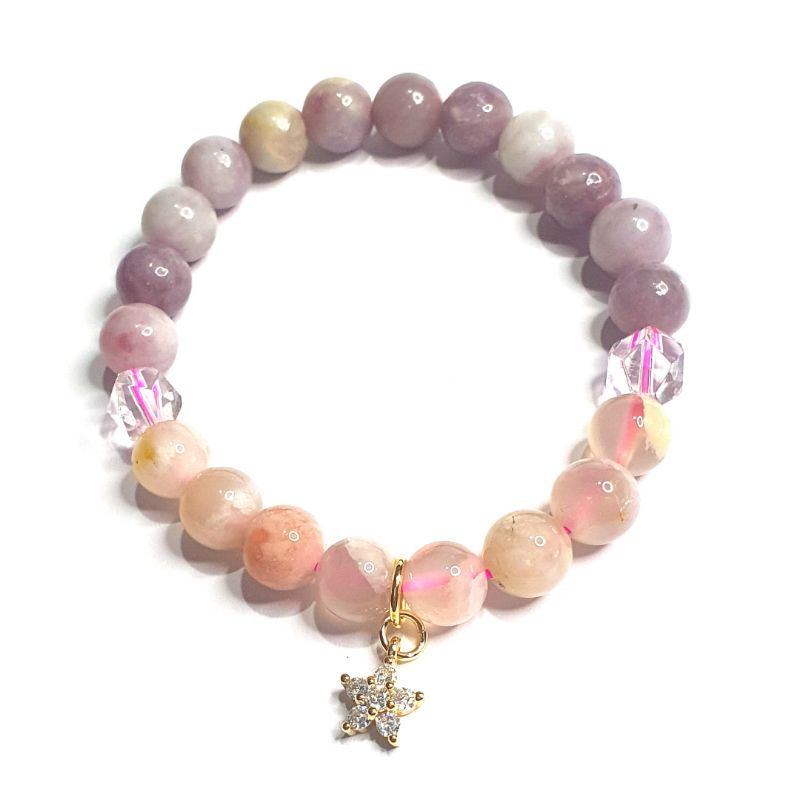 sakura agate with sakura tourmaline with flower charm gemstone bracelet