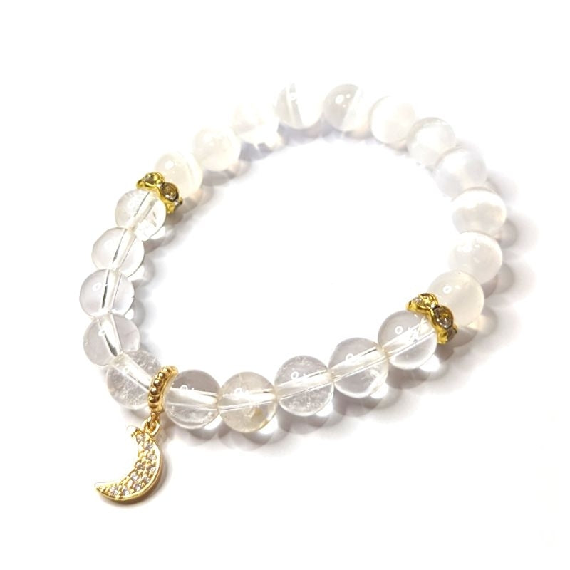 cleansing and charging bracelet clear quartz and selenite with moon charm