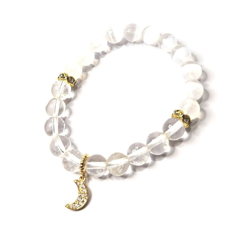 cleansing and charging bracelet clear quartz and selenite with moon charm