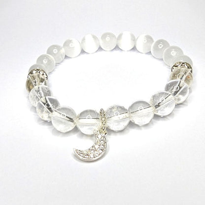 cleansing and charging bracelet clear quartz and selenite with moon charm