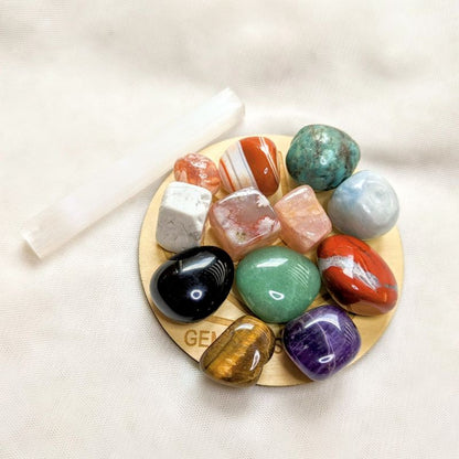 all natural crystal tumble set with free wooden plate!