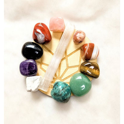 all natural crystal tumble set with free wooden plate!